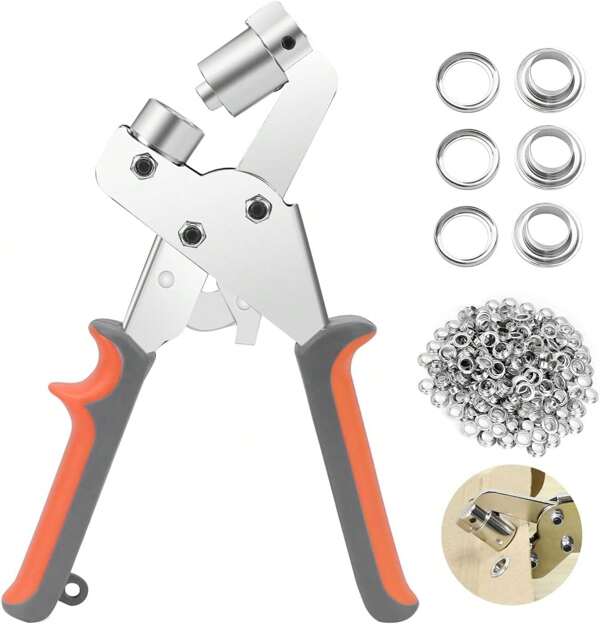 BriSunshine Juego de alicates para ojetes con 500 piezas (diámetro interior de 10 mm) de ojetes metálicos, punzón de mano profesional para ojetes para, tela, lona, cortina, PVC