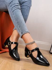 Fall/Winter 2025 Pointed Toe Metal Chunky Heel Glossy Black Mary Jane Loafers, T-Strap Work Flats For Women, Elegant, Women Pumps - Black - View 4