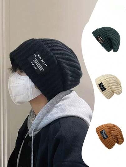 1pc Unisex Knitted Beanie With Tag, Autumn Winter Skull Knit Hat, Warm Ski Cap Fall Outfit
