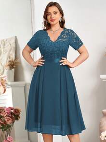 Plus Size Floral Lace V-Neck Ruffle Hem A-Line Semi-Formal Party Midi Dress - Dusty Blue - View 5