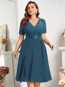 Plus Size Floral Lace V-Neck Ruffle Hem A-Line Semi-Formal Party Midi Dress - Dusty Blue - View 7