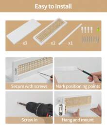 Rattan Floating Shelves,Set Of 2, Boho Cane Webbing Wall Shelves Farmhouse Display Storage Organizer White Bookshelves Wicker Room Decor For Living Room Bedroom Entryway Hallway Bathroom - 白色 - 查看 5