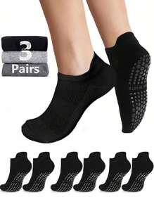 3 pares de calcetines antideslizantes de yoga/pilates para mujeres, calcetines deportivos profesionales para gimnasio, color negro