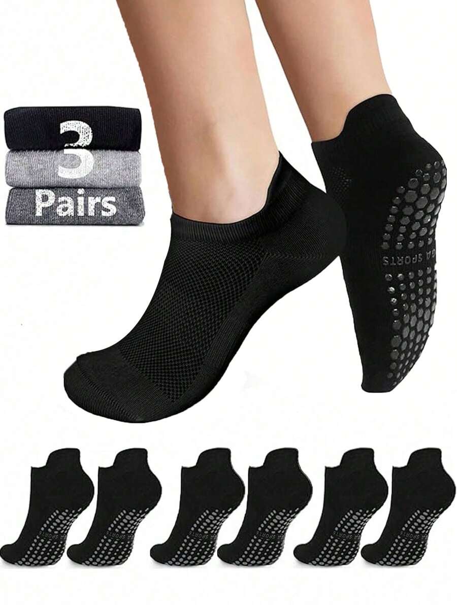 3 pares de calcetines antideslizantes de yoga/pilates para mujeres, calcetines deportivos profesionales para gimnasio, color negro