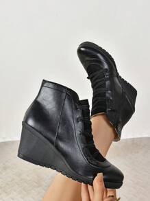 2024 Autumn/Winter New Elegant Fashion Boots, Fashionable Versatile Wedge Ankle Boots, Black Graceful Mid-Calf Boots, Side Zipper & Crossed Strap Decor Plus Size Women Shoes,Perfect With Tops - Black - View 4