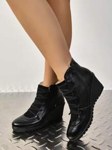 2024 Autumn/Winter New Elegant Fashion Boots, Fashionable Versatile Wedge Ankle Boots, Black Graceful Mid-Calf Boots, Side Zipper & Crossed Strap Decor Plus Size Women Shoes,Perfect With Tops - Black - View 6