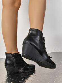 2024 Autumn/Winter New Elegant Fashion Boots, Fashionable Versatile Wedge Ankle Boots, Black Graceful Mid-Calf Boots, Side Zipper & Crossed Strap Decor Plus Size Women Shoes,Perfect With Tops - Black - View 7