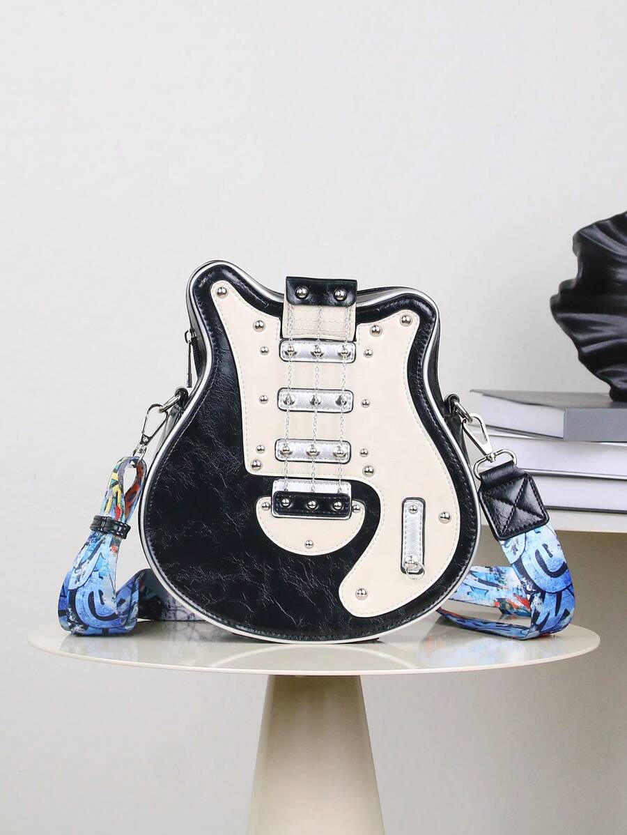 2025 New Creative Y2K Baddie Retro Micro Guitar Bag, Bass Guitar Asymmetrical Shoulder Bag, Chain And Rivet Decor Colorblocking Wide Strap Unisex Streetwear Bag (Small Size)