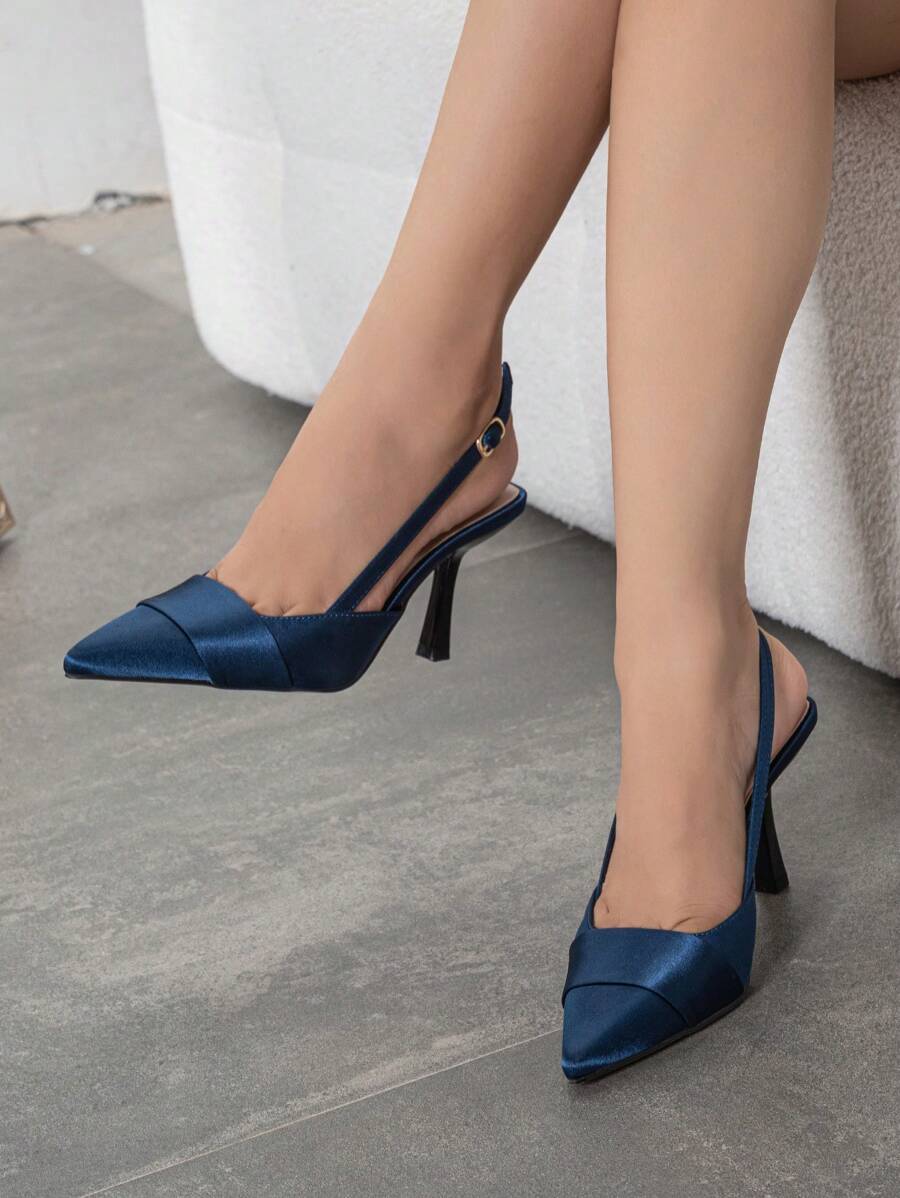 Women's Pointed Toe Stiletto High Heel Pumps With Ankle Strap, Versatile For Daily Wear, Party, Spring/Autumn, Elegant - Navy Blue - View 1