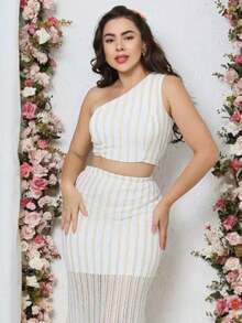 Striped Cropped Set Zero Sleeve And Long Mermaid Skirt Fishnet Lace Women's Fashion Elegant Summer Party - 白色 - 查看 2