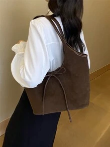 Túi Tote thường ngày dành cho phụ nữ, vải da lộn cổ điển, sức chứa lớn, trang trí nơ, in chữ, khối màu, túi xách đeo vai, thích hợp để sử dụng hàng ngày và đi làm, thanh lịch và đa năng, túi cổ điển lấy cảm hứng từ phong cách retro dành cho phụ nữ, túi Tote dành cho quý cô - Cà phê nâu - Xem 8