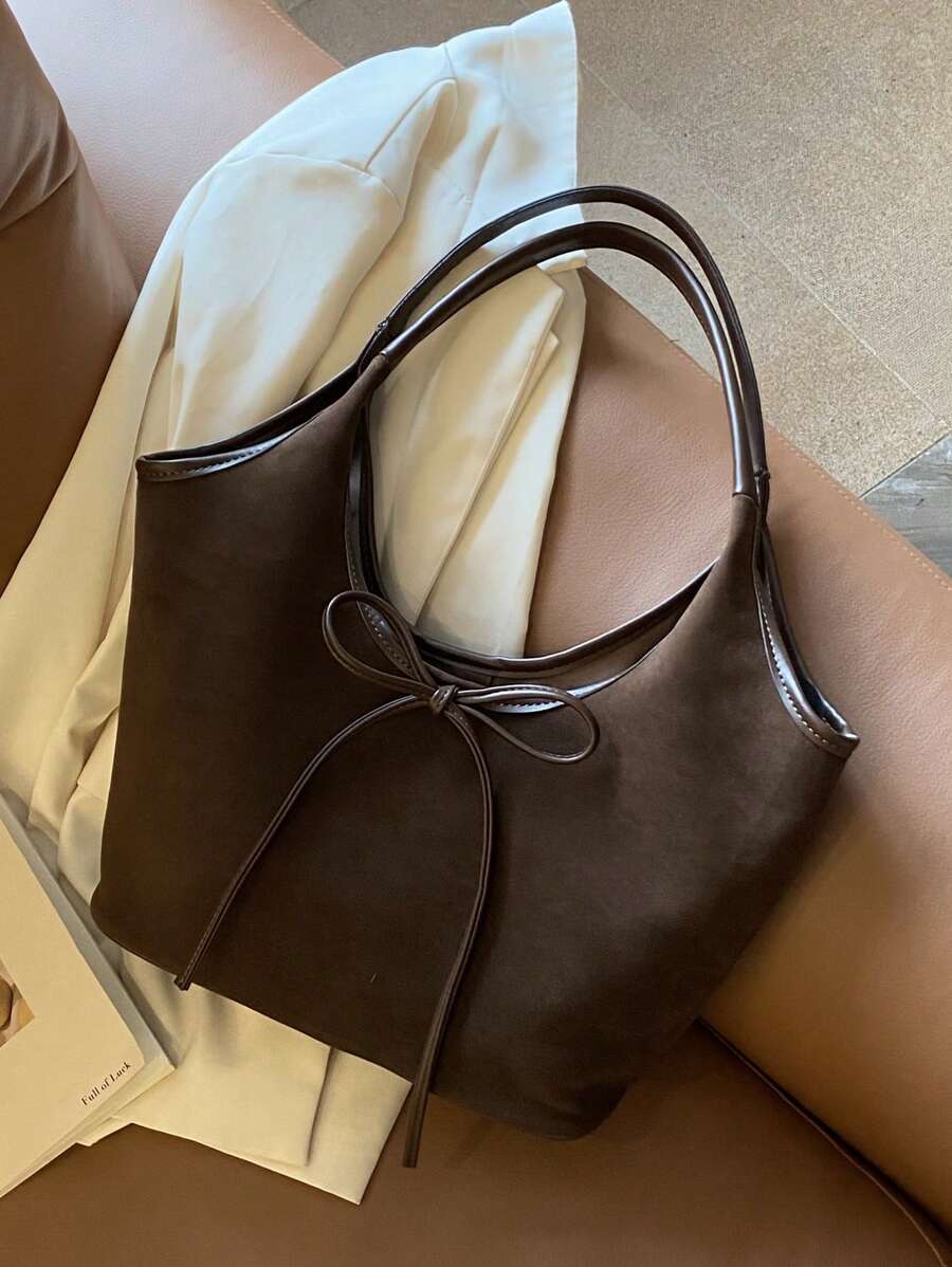 Túi Tote thường ngày dành cho phụ nữ, vải da lộn cổ điển, sức chứa lớn, trang trí nơ, in chữ, khối màu, túi xách đeo vai, thích hợp để sử dụng hàng ngày và đi làm, thanh lịch và đa năng, túi cổ điển lấy cảm hứng từ phong cách retro dành cho phụ nữ, túi Tote dành cho quý cô - Cà phê nâu - Xem 1