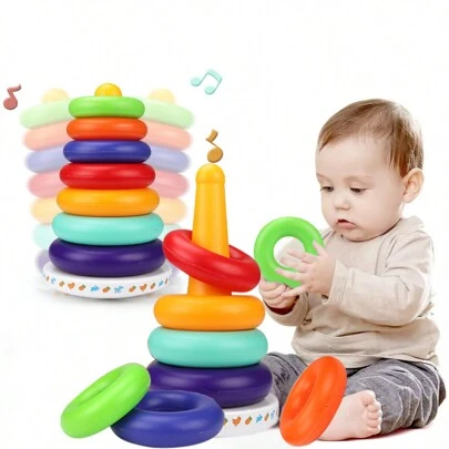 彩虹堆叠学习玩具 - 音乐不倒翁玩具，彩虹堆叠玩具，适合男婴和女婴，蒙特梭利堆叠玩具，适合18个月以上幼儿的婴儿礼物