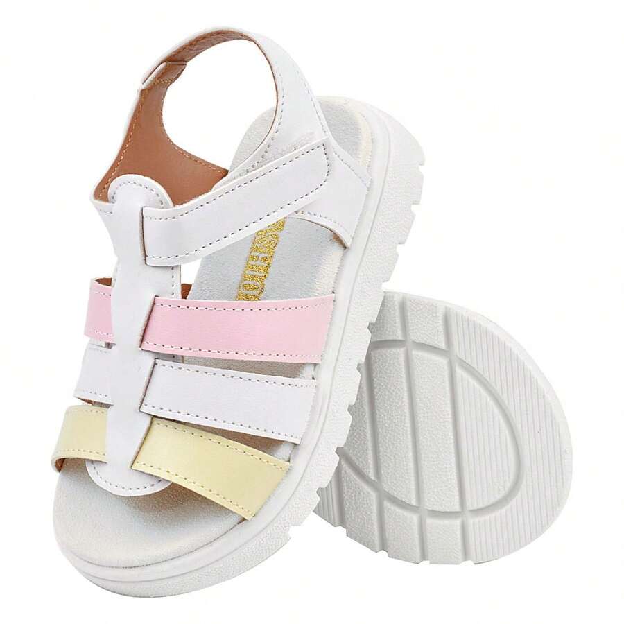 White Children's Flat Sandal With 3 Yellow, White And Pink Straps - trắng - Xem 1