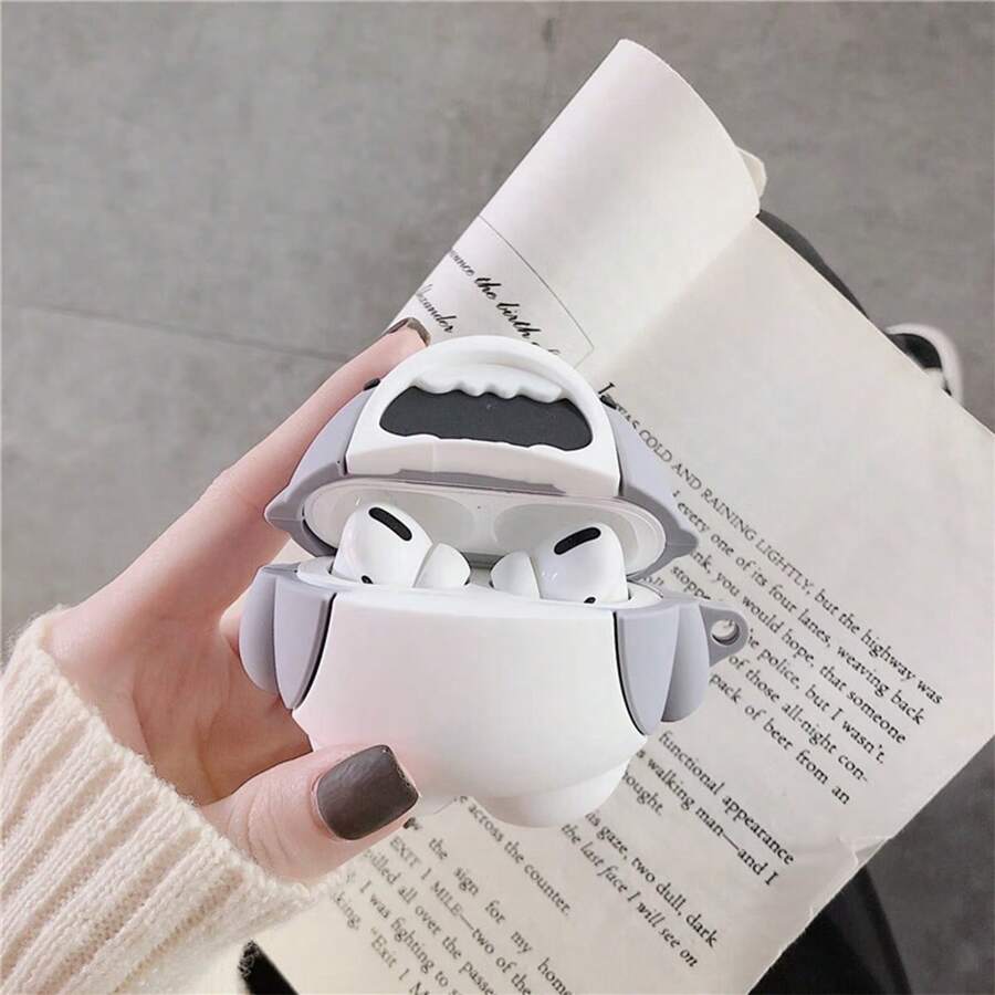 Vỏ bảo vệ tai nghe không dây bằng silicon hình cá mập hoạt hình 3D, tương thích với AirPods 1/2/Pro/Pro2/3 - Màu Xám nhạt - Xem 1