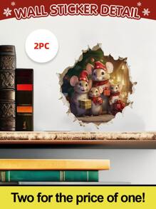 2 pièces Sticker mural de Noël souris avec cadeaux, autocollant mural PVC imperméable, autocollants adhésifs pour décoration de maison pour salon, chambre à coucher, salle de classe, salle de bain, décoration de vacances saisonnière