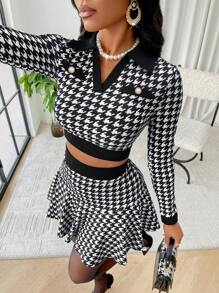 AIJ Amarilo Women's Autumn Sexy Houndstooth Print V-Neck Long Sleeve Jacket And Mini Skirt 2 Pieces Set (Random Print) Black Spring - Black - View 3