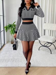 AIJ Amarilo Women's Autumn Sexy Houndstooth Print V-Neck Long Sleeve Jacket And Mini Skirt 2 Pieces Set (Random Print) Black Spring - Black - View 4