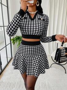 AIJ Amarilo Women's Autumn Sexy Houndstooth Print V-Neck Long Sleeve Jacket And Mini Skirt 2 Pieces Set (Random Print) Black Spring - Black - View 6