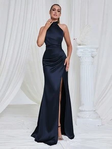 Vintage Elegant High Collar Halter Satin Slit Fishtail Evening Dress Wedding Party Fall - Navy Blue - View 8