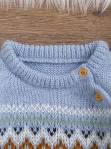 Baby Boy Wave Pattern Solid Color Knitted Sweater - Blue - View 3