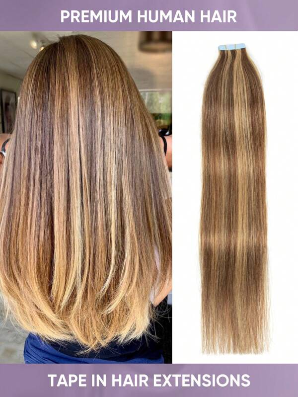 20pcs Tape In Hair Extensions Human Hair Color 4/27 Chocolate Brown To Caramel Blonde 14-22 Inch 100% Human Hair Invisible Tape In Hair Extensions