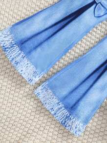 2 件套少女针织短袖字母印花上衣和牛仔效果喇叭裤，春夏时尚休闲装 - 藍色 - 查看 7