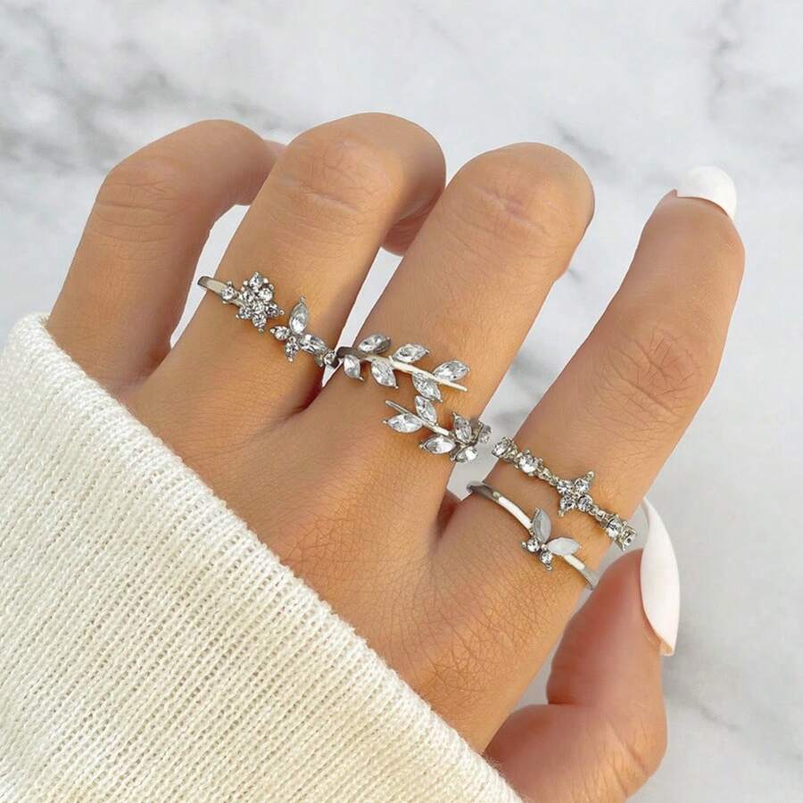 GARMEND 1set/4pcs Luxury Rhinestone Butterfly Ring Set For Women - Silver - View 1