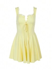 Nuevo vestido elegante de verano, de línea A, mini, lindo, chic y sexy, en color amarillo crema - Amarillo - Ver 4