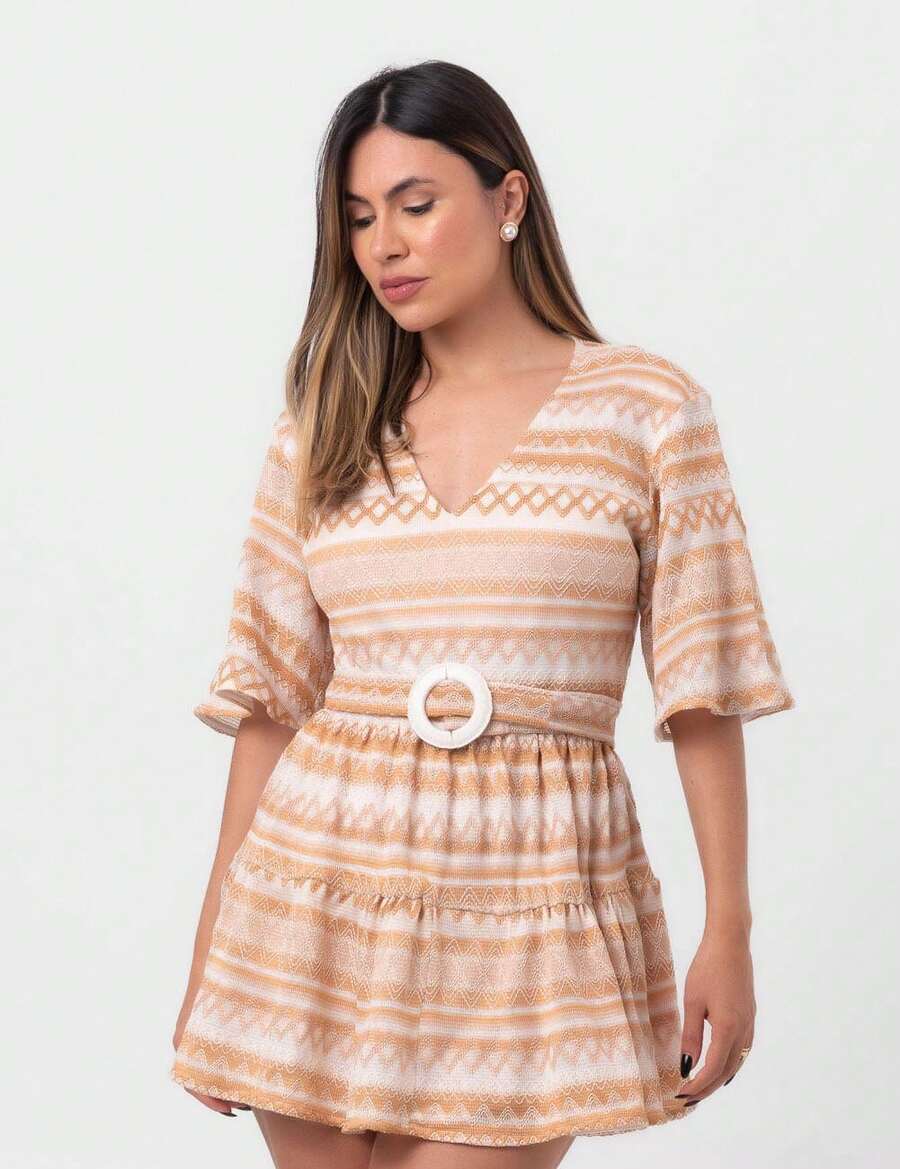 Short Embroidered Flared Dress In Beige Labrava - Màu be - Xem 1