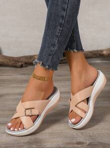 Women's Platform Criss-Cross Slide Sandals, Comfortable Cushioned, New Casual Summer Outdoor Waterproof Wedge Beach Slippers With Adjustable Button