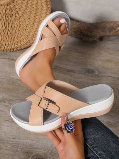 女士厚底交叉拖鞋，舒适缓冲，新款休闲夏季户外防水坡跟沙滩拖鞋，带可调节纽扣