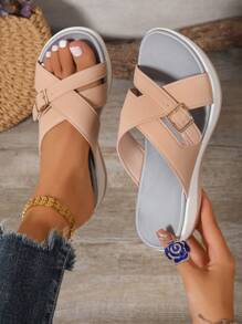 Women's Platform Criss-Cross Slide Sandals, Comfortable Cushioned, New Casual Summer Outdoor Waterproof Wedge Beach Slippers With Adjustable Button