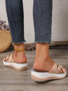 Women's Platform Criss-Cross Slide Sandals, Comfortable Cushioned, New Casual Summer Outdoor Waterproof Wedge Beach Slippers With Adjustable Button