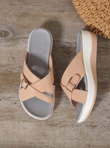 Women's Platform Criss-Cross Slide Sandals, Comfortable Cushioned, New Casual Summer Outdoor Waterproof Wedge Beach Slippers With Adjustable Button