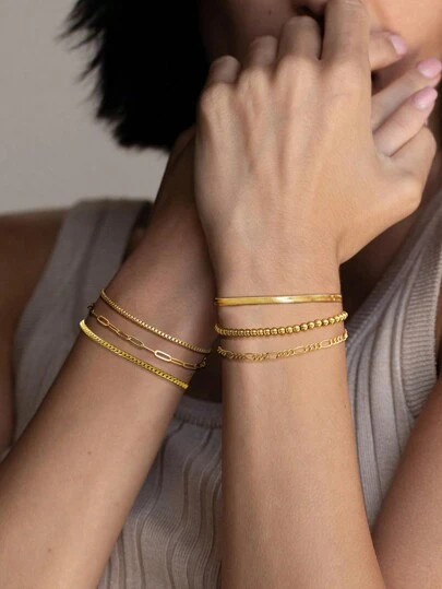 1条925纯银叠戴链条安全别针人字纹手链，时尚配饰，女士礼物