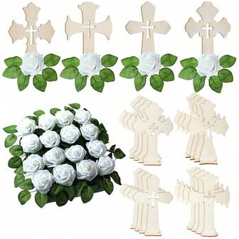 4/8/16 套木制十字架工艺品洗礼桌中心装饰立式木制十字架带底座和人造花假玫瑰婚礼婴儿洗礼装饰生日装饰