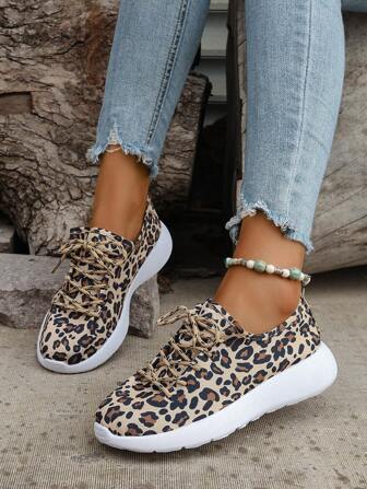2024 New Leopard Print Canvas Thick Sole Lace Up Casual Sports Shoes
