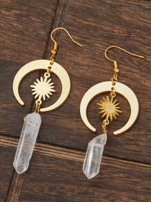 1pair Hippie  Sun Crescent Earrings Brass Color Witchy Jewelry Bohemia Birthday Magical Clear Stone Point Women Fashion Gift