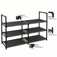 3-Tier Shoe Rack, Holds 12-15 Pairs, Sturdy Stackable Shoe Shelf, Expandable & Adjustable Fabric Shoe Organizer, Durable Metal Shoe Storage Organizer - Black - View 8