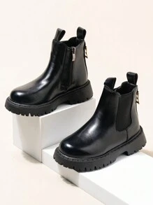 女童休闲蓬松踝靴，学院风拉链平底皮靴，简约儿童低帮靴，适合秋冬季 - 黑色 - 查看 8