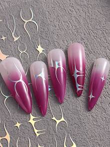 2 件装银线美甲贴纸激光银色星星鱼骨纹理抽象不对称线条设计图案 Y2K 美甲装饰自粘式美甲贴花 DIY - 彩色 - 查看 4