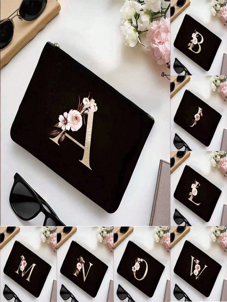 Bolsa de cosméticos con diseño de iniciales y patrón de corazones con letra, organizador de artículos de tocador, bolsa para fiesta de bodas, bolsa con cremallera para maquillaje, bolsa portátil de transporte, estuche para lápices, bolso de embrague, bolsa de maquillaje para dama de honor, organizador de cosméticos, regalos para el Día de San Valentín. Muy conveniente de usar durante los viajes, haciendo el viaje talla grande fácil. Buen regalo para amigos y familiares.