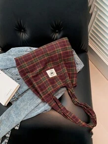 1个休闲时尚格子图案手提包，大号双提手女士单肩包，可折叠轻便手提包，购物袋，适合女性和学生旅行、上学和购物使用。 - 紅色 - 查看 7