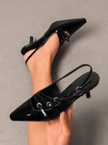 Women's Kitten Heel Slingback Pumps Square Toe Metal Buckle Strap Low Heels Sexy Wedding Party Dress Shoes - màu đen - Xem 4