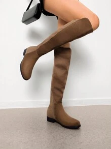 Women Reserve Tall Boots, Flat Low Heel Stretchy Knee High Boots Comfortable Round Toe Suede Slouch Side Zipper Fashionable Solid Color Boots - 棕色 - 查看 2