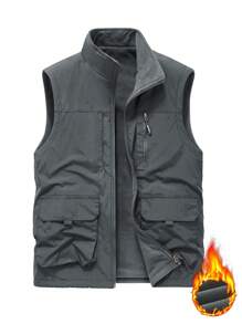 1 件男女通用纯色无袖多口袋双面背心，带衬里，日常休闲，户外，摄影，钓鱼，跑步活动，运动夹克 - 灰色 - 查看 3