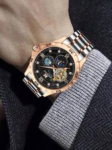 AOKULASIC 1pc Luxury Starry Sky Moon Phase Display Tourbillon Hollow Automatic Mechanical Men's Watch, Top Brand, Stainless Steel Strap, Rose Gold Case, Business & Casual Watch, Gift