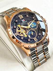 AOKULASIC 1pc Luxury Starry Sky Moon Phase Display Tourbillon Hollow Automatic Mechanical Men's Watch, Top Brand, Stainless Steel Strap, Rose Gold Case, Business & Casual Watch, Gift