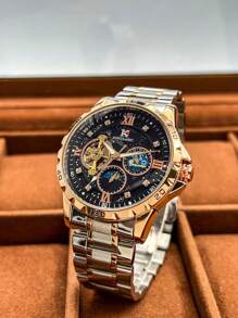 AOKULASIC 1pc Luxury Starry Sky Moon Phase Display Tourbillon Hollow Automatic Mechanical Men's Watch, Top Brand, Stainless Steel Strap, Rose Gold Case, Business & Casual Watch, Gift